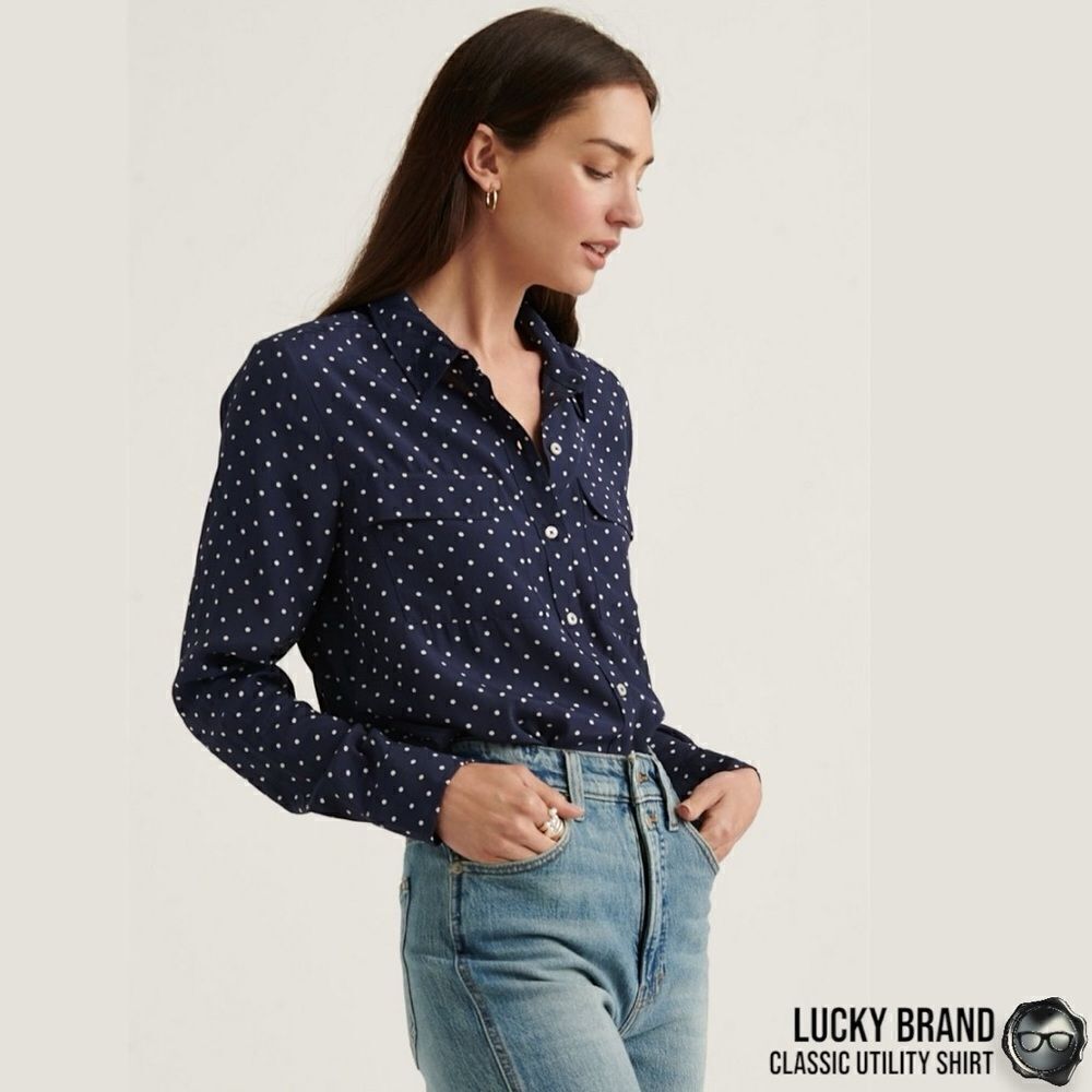 LUCKY BRAND CLASSIC UTILITY BUTTON DOWN SHIRT IN NAVY WHITE DOTS WOMEN’S SIZE M - Picture 8 of 14
